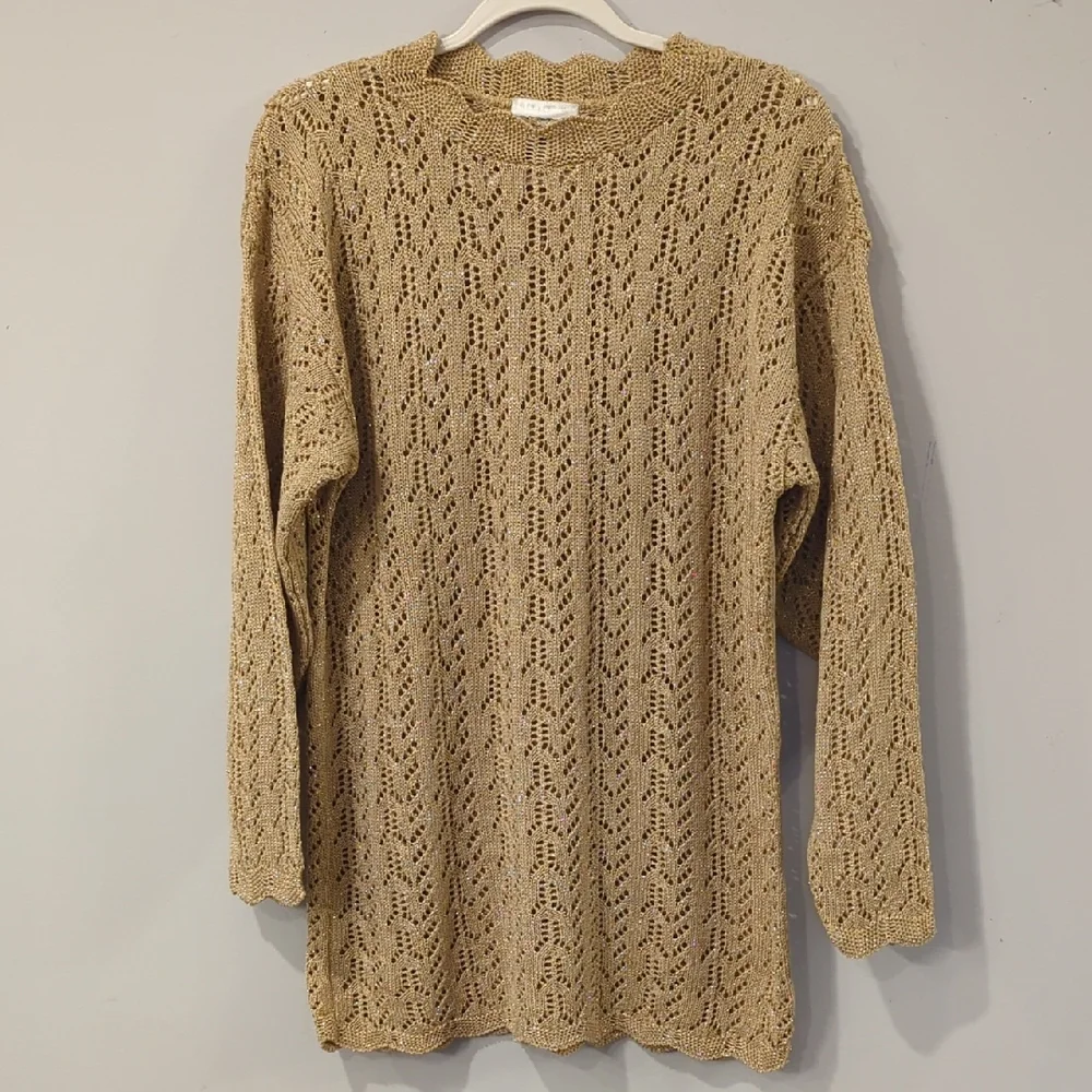 Vintage Knit Sweater Tunic Long Gold Tan Metallic size‎ Large